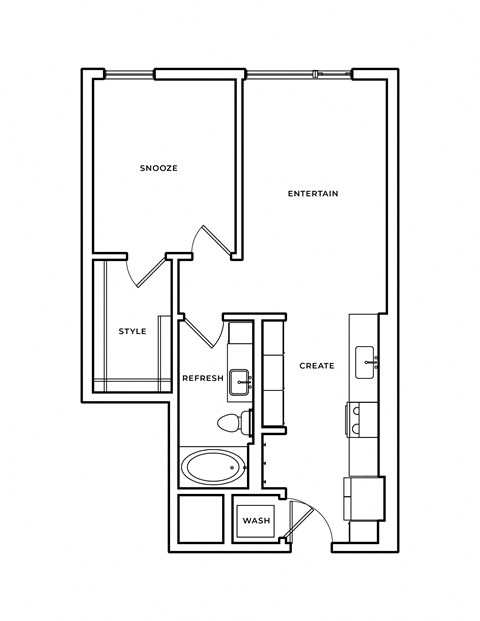A floor plan of a house with labeled rooms such as "SNOOZE", "ENTERTAIN", "REFRESH", "CREATE", and "WASH".